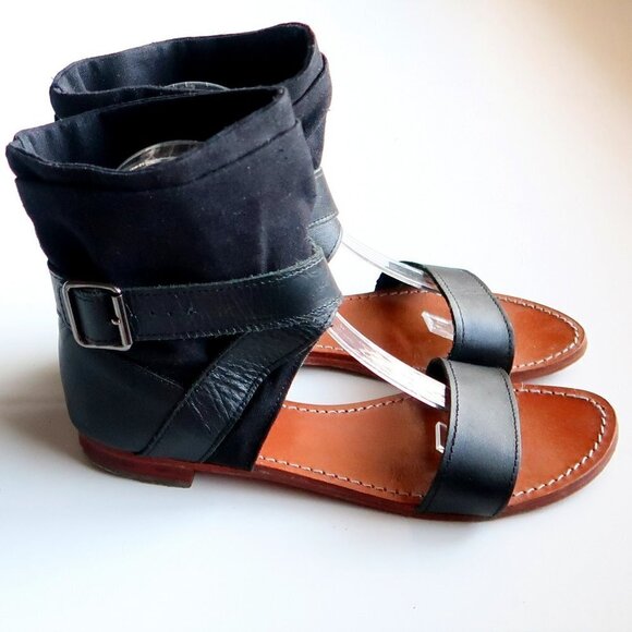 Mellow Yellow Black Leather & Linen Flat Gladiator Sandals Open Toe Summer Shoes - Picture 2 of 16